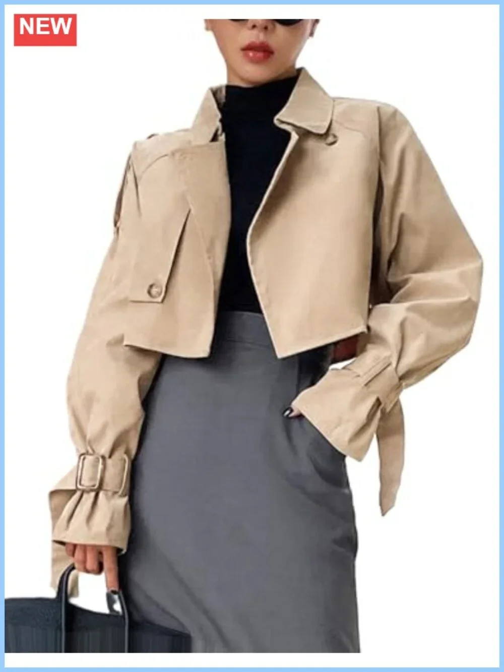 Women's Cropped Trench Coat Double-Breasted Long Sleeve Cotton Fashion Jacket